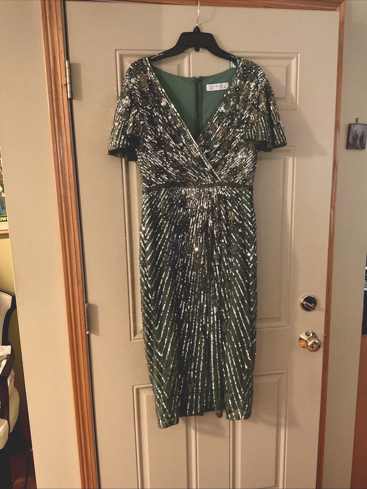 Mac Duggal Sz 10 Embellished Faux Wrap Flutter Sleeve Dress Sage and gold dress