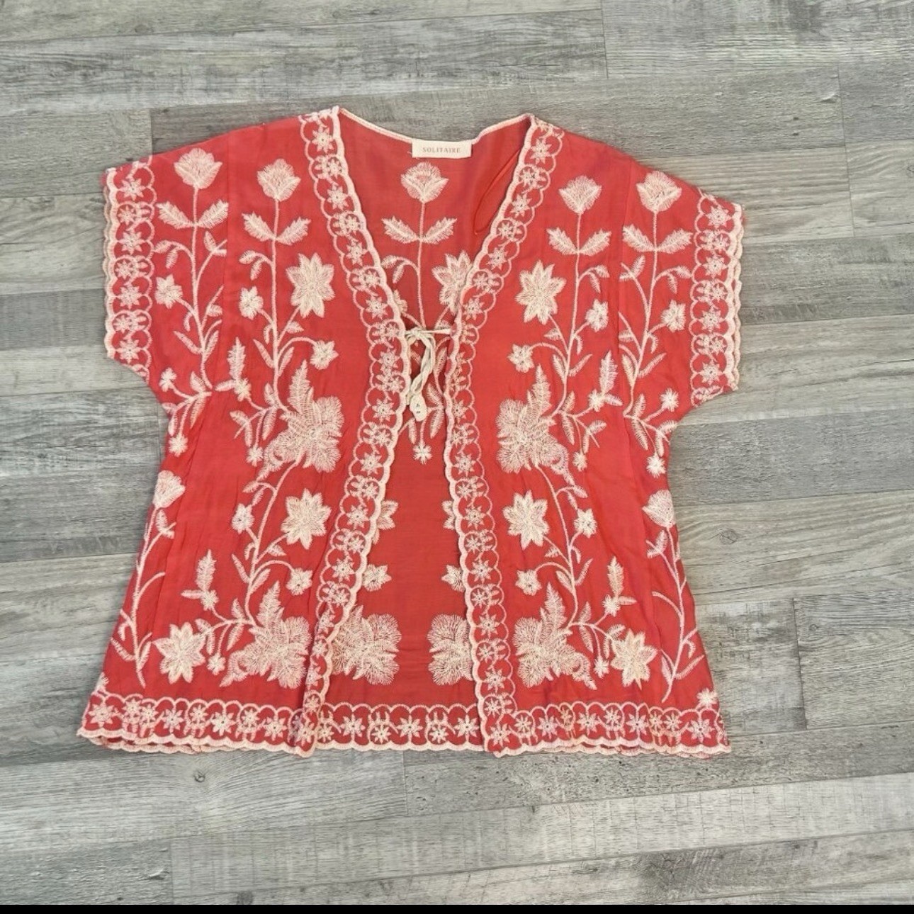 Solitaire Coral Heavily Embroidered Open Front Short Sleeve Kimono M29