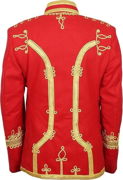 Men’s Red Hussar Military Jacket Gold Braid Band Parade Coat Napoleonic Slim Fit