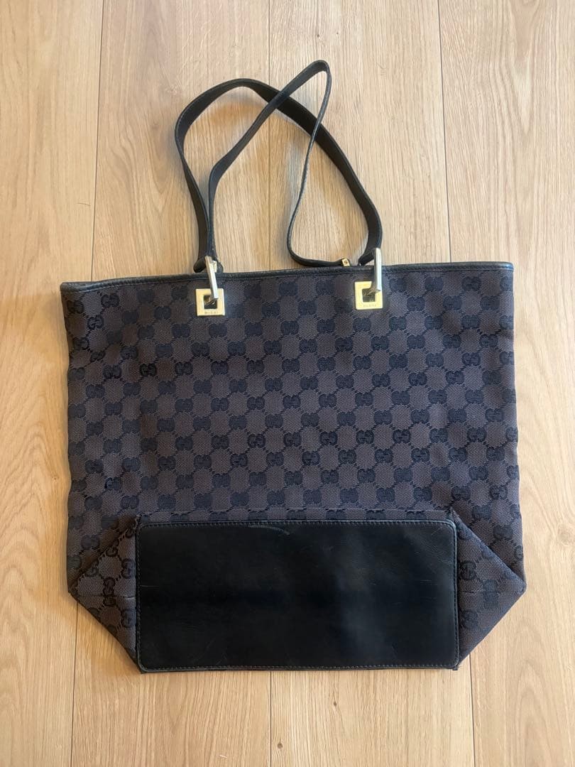 GUCCI GG Tote Hand Bag Leather Canvas Dark Brown Black Gold Hardware From Japan