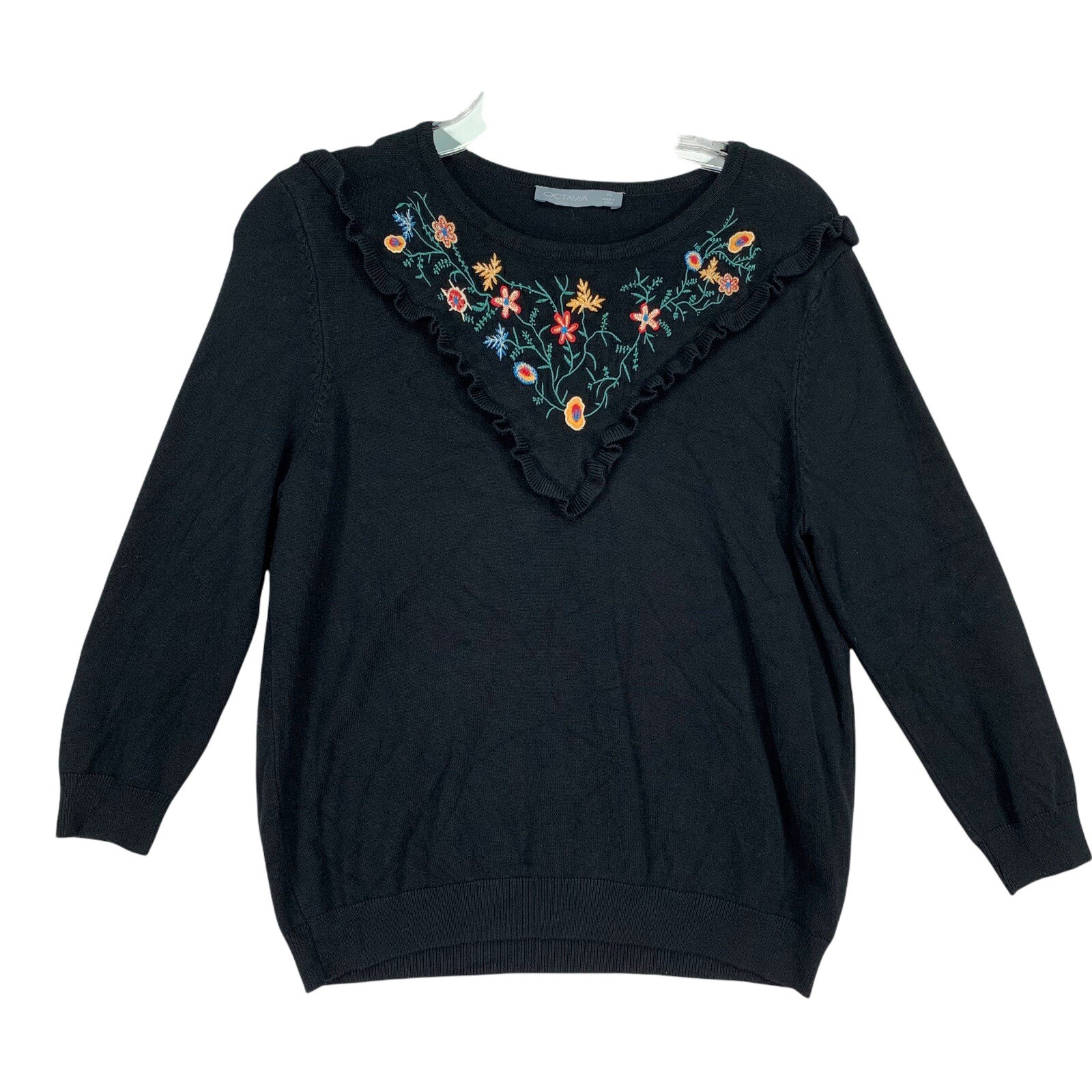 Octavia Pullover Sweater M Embroidered Yoke Black Dark Cottage Grandmacore