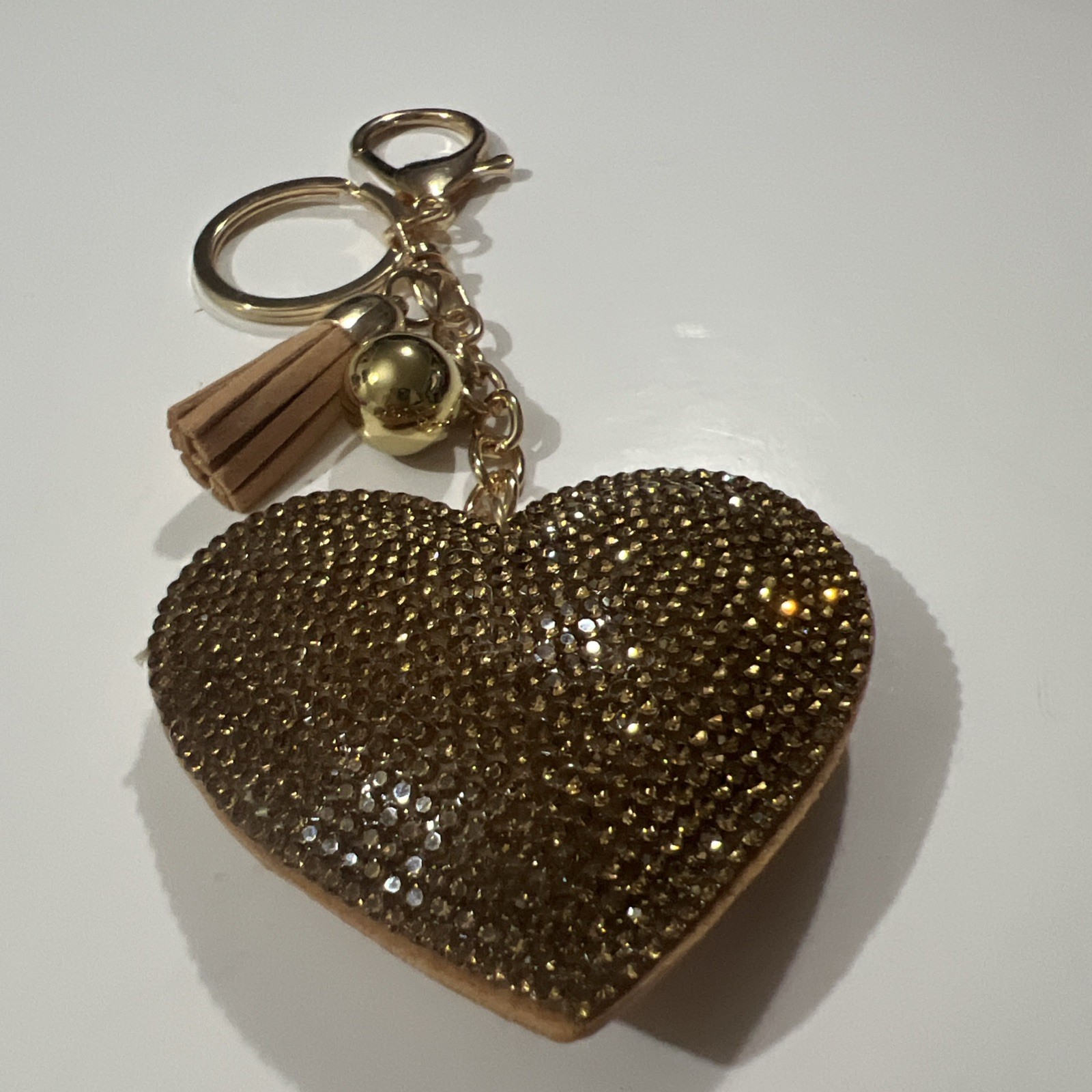 Rhinestones Heart Keychain Tassel Gold Tone