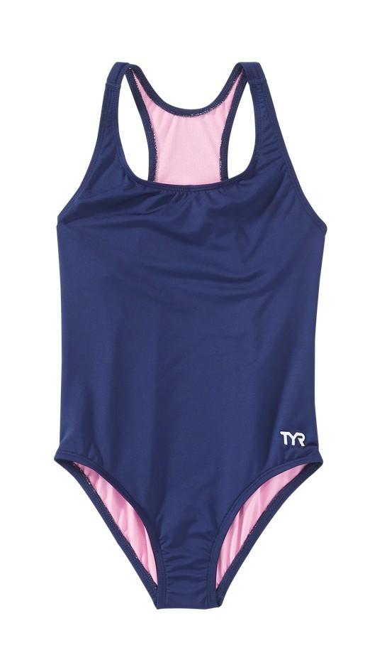 TYR Girls Solid One Piece Racerback Swimsuit Blue/Pink Lining Size M (7-8)