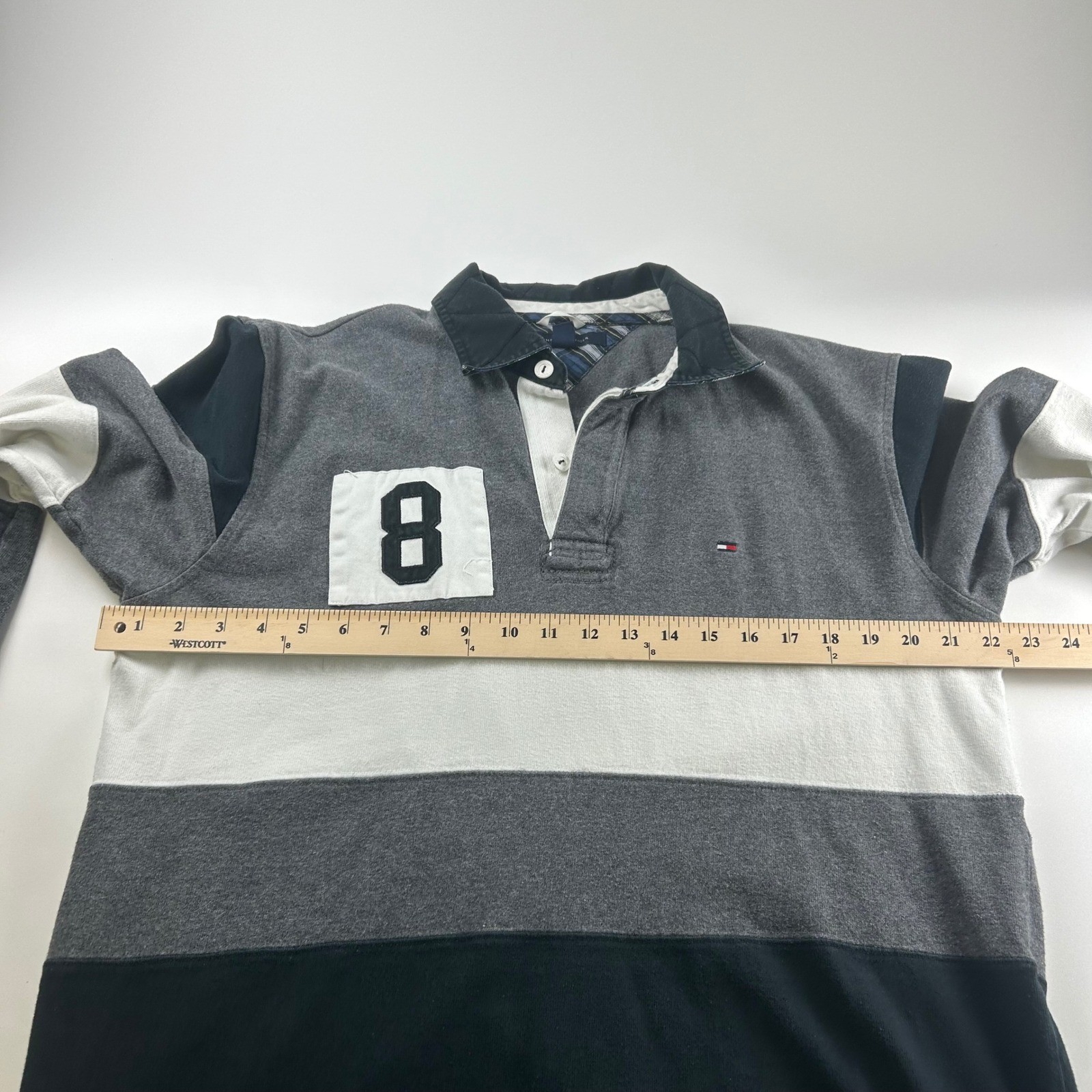 Tommy Hilfiger Mens L Long Sleeve Rugby Shirt Grey Black Colorblock 8 Patch