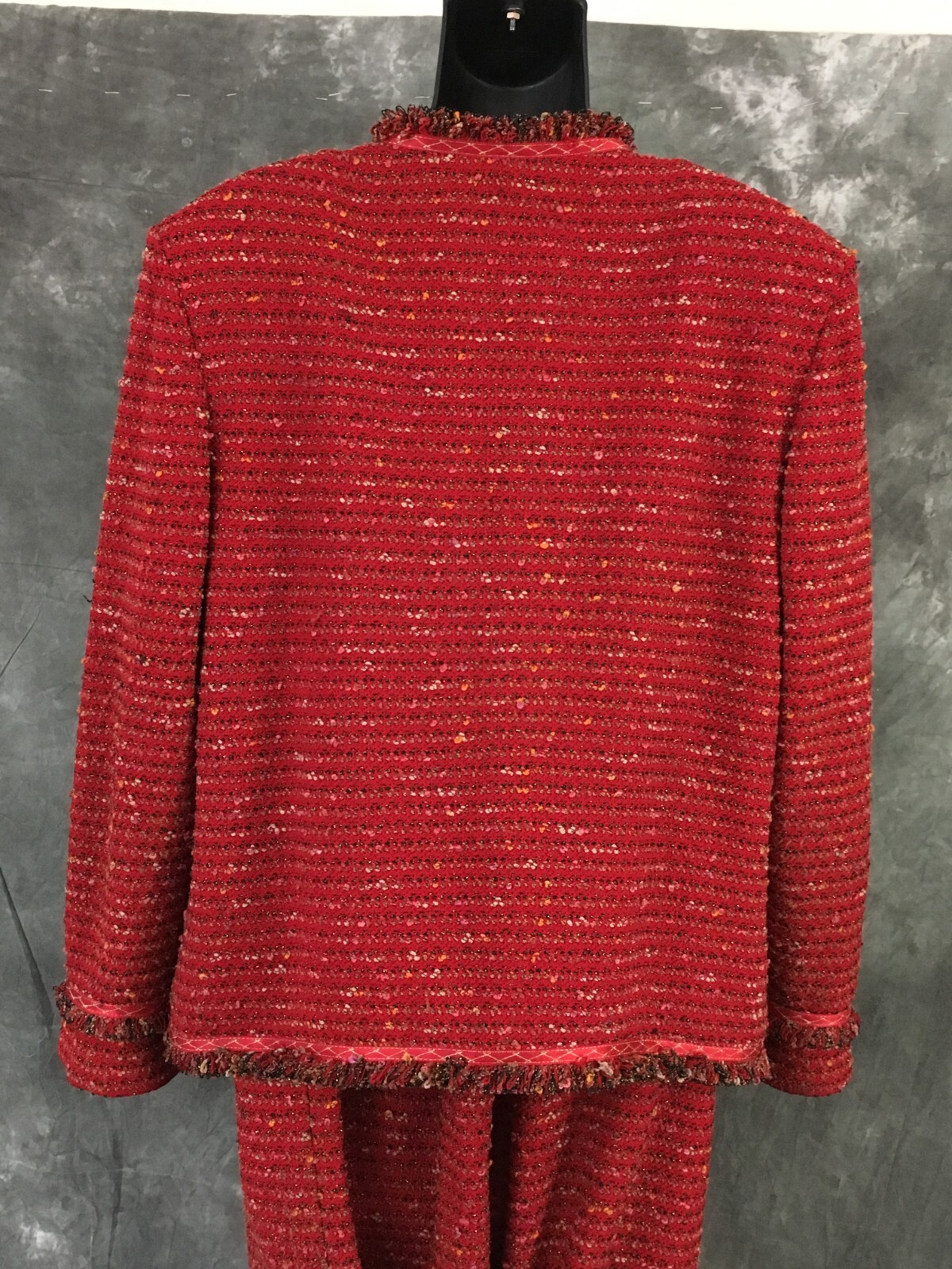 BEAUTIFUL St John couture knit red black fringe jacket skirt suit size 8 10