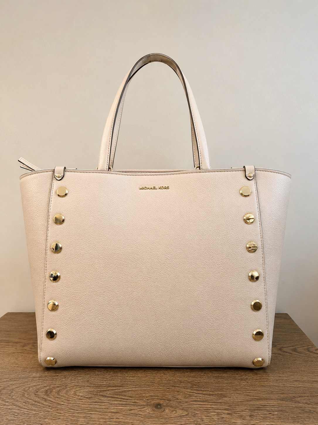 Michael Kors Holly Large Studded Top Zip Tote Bag Soft Pink Pebbled Leather EUC