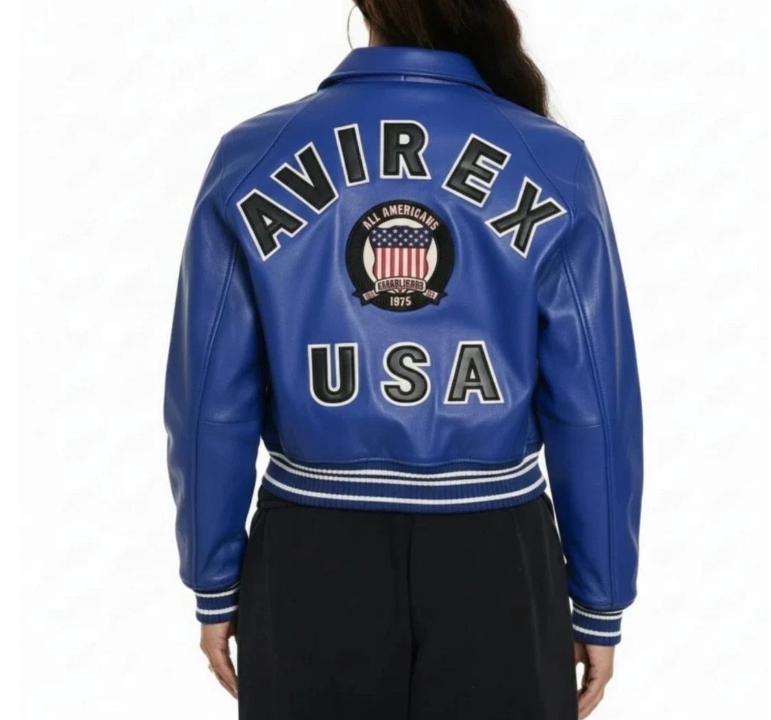 Women’s Blue Real Leather Bomber Jacket Avirex Style American Flight Ladies Coat