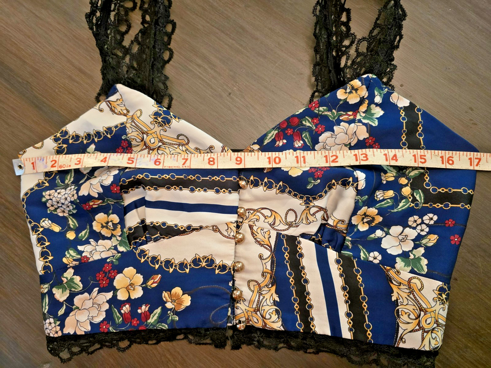 Elliatt Florentine Crop Top Black Lace Trim Blue & Gold Button Front Sz S