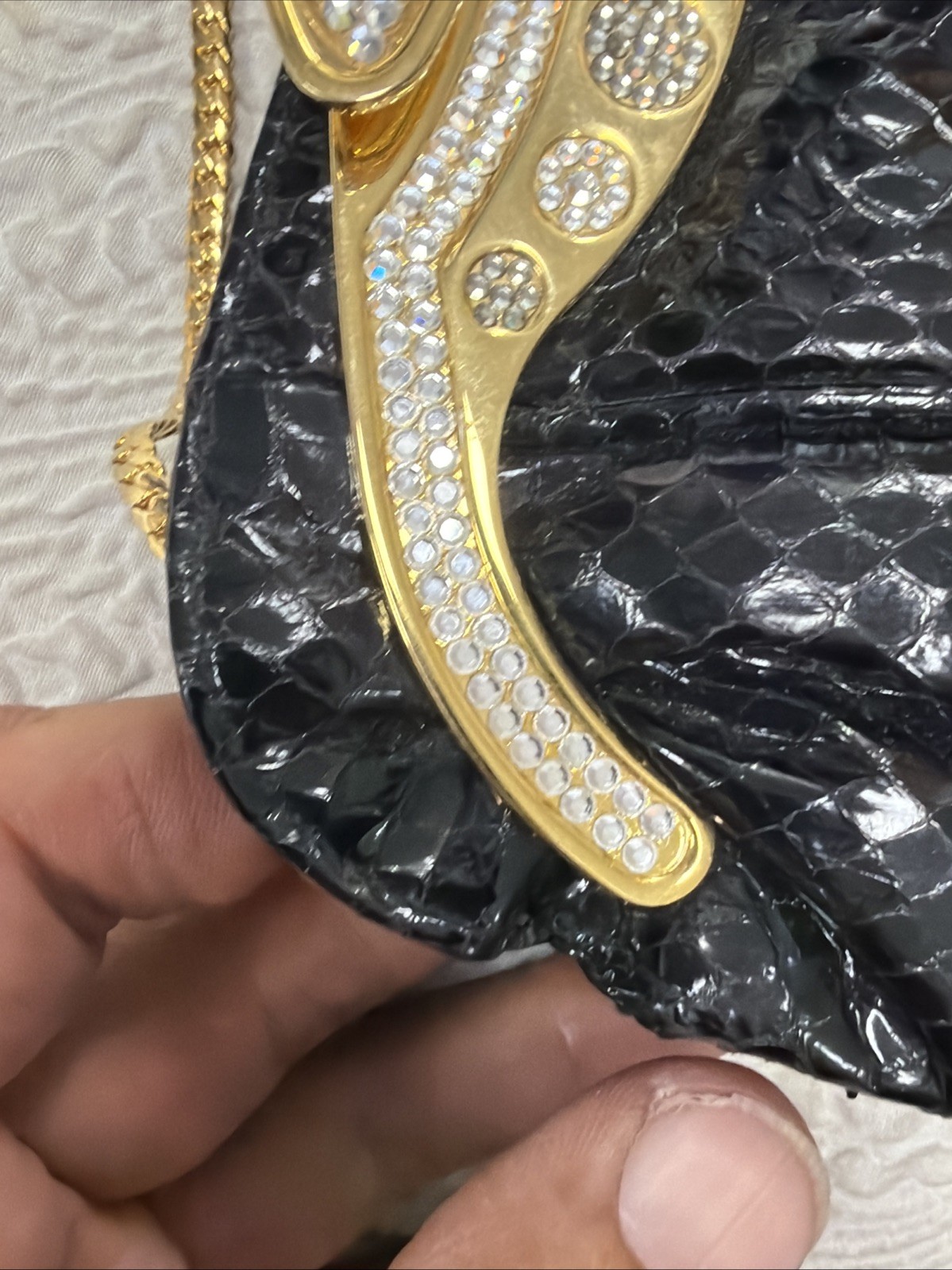 Vintage Embossed Glossy Black Snakeskin Clear Pavé-Set Crystals Jeweled Purse