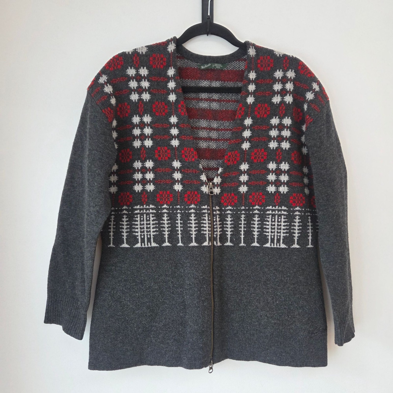Woolrich 100% Wool Grey Cardigan Fair Isle Sweater Zip Front Women’s L