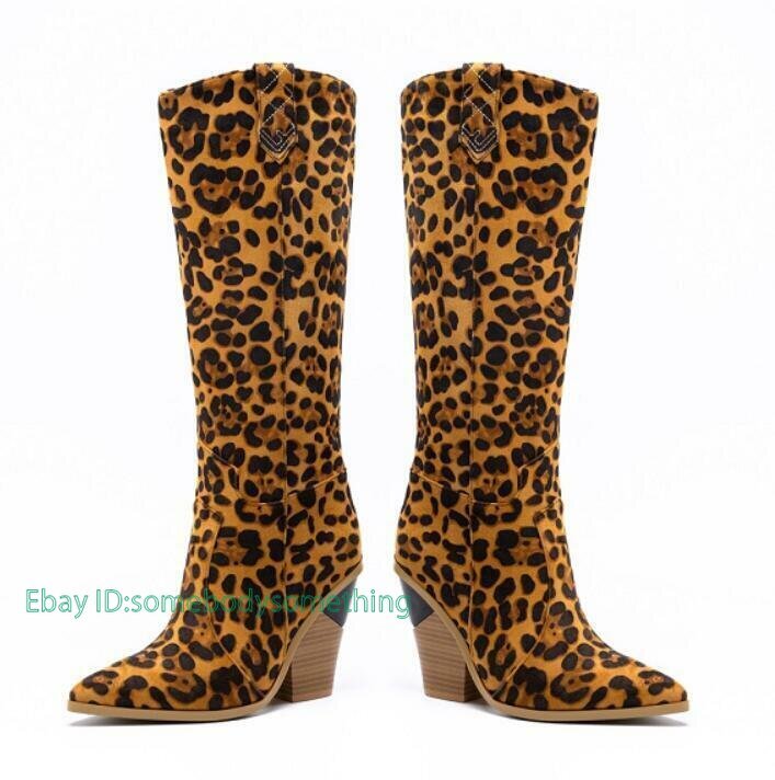 Women Pointy Toe Block Heel Cowboy Knee High Boots Pull On Outdoor Casual Shoes