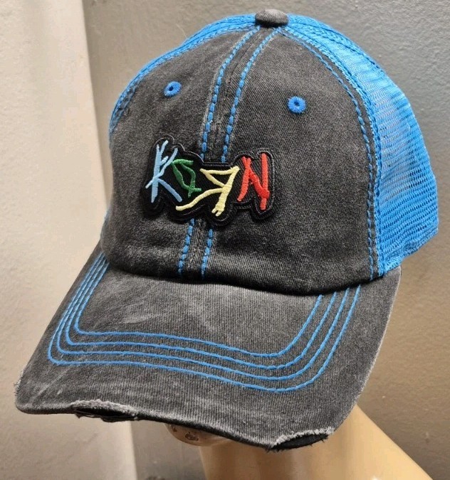 Korn Hat Distressed Ball Cap Hat Black & Neon Blue Mesh Hat