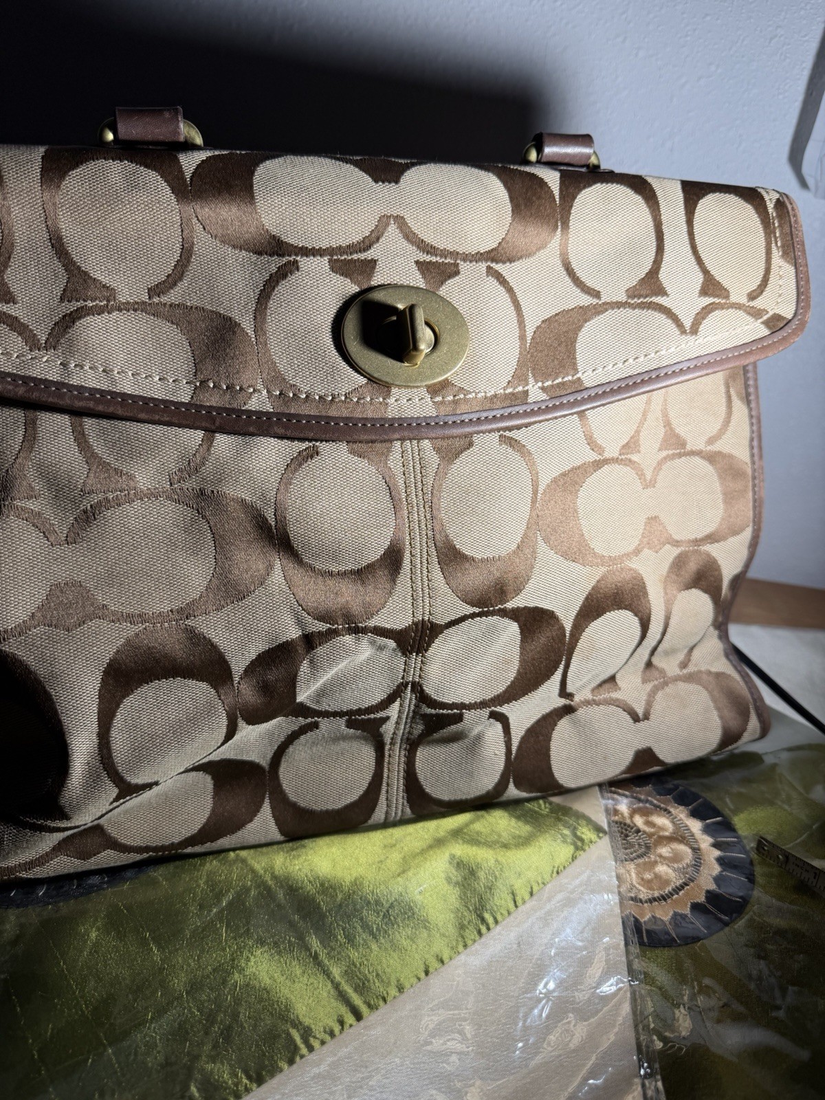 Coach Women’s Brown/Beige Logo Satchel Top Handle Turn Lock Zip Gold Bag Charm