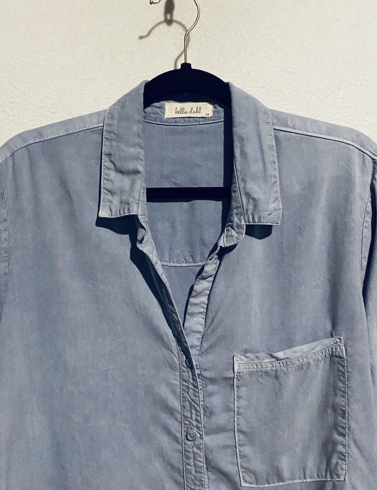 Bella Dahl Top Womens Medium Blue Button Up Fringe Tencel Long Sleeve Boho