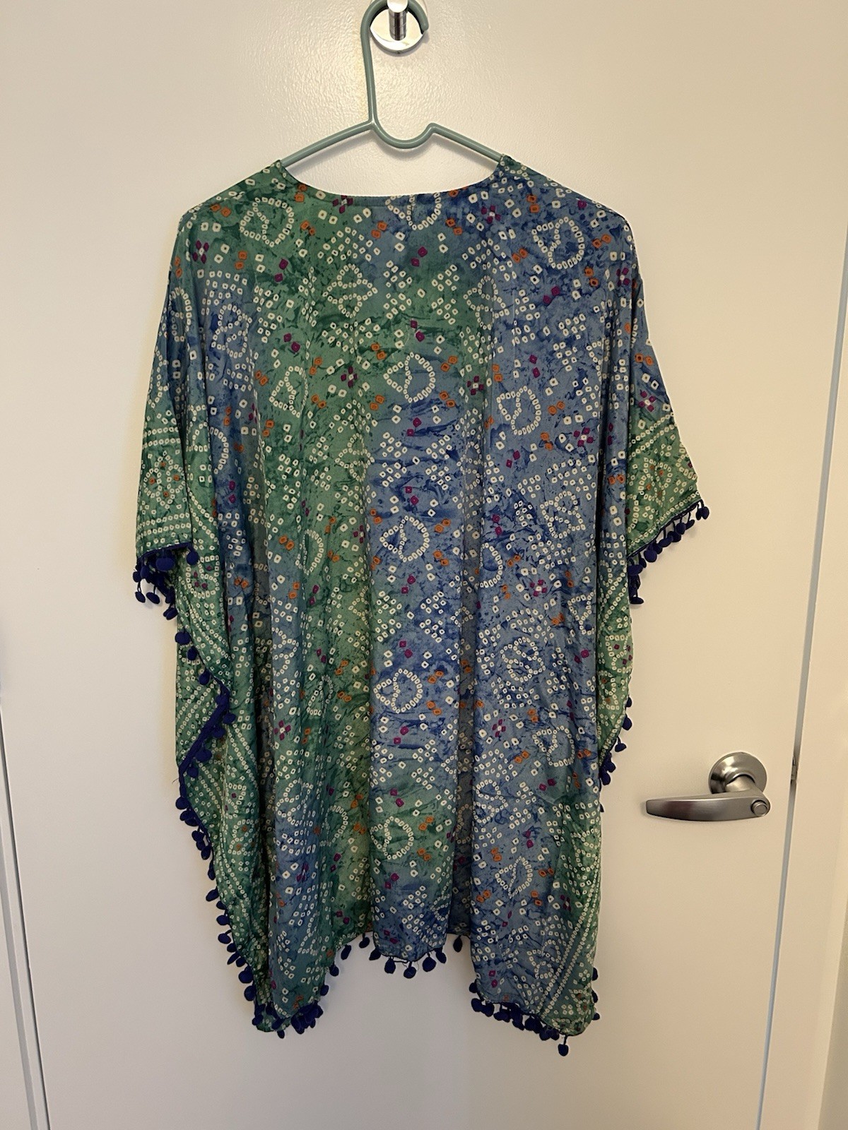 Swim Cover Up Blue And Green Printed With Tassels Pompom Design Size L