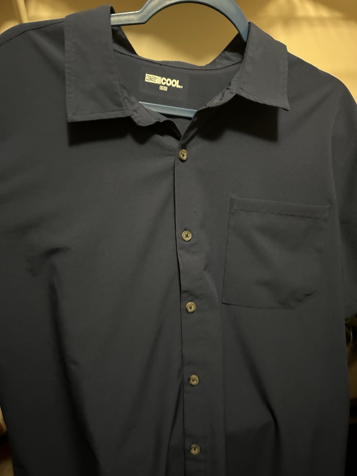 32 Degrees Cool Men’s Navy Solid Button-Up Shirt Short Sleeve Point Collar XL