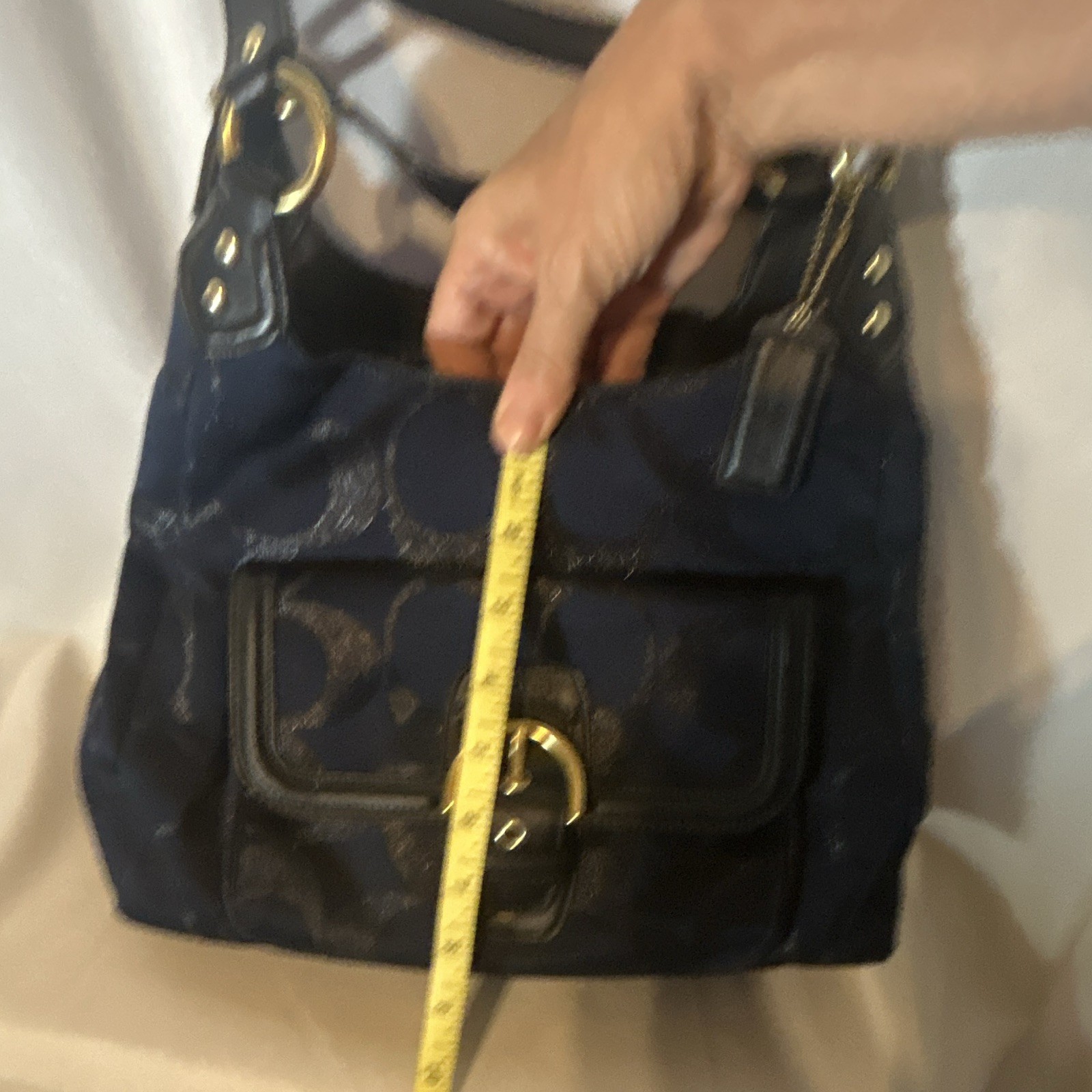 Coach Navy/Black Signature Logo Hobo Shoulder Bag Zip + Buckle Gold Pockets