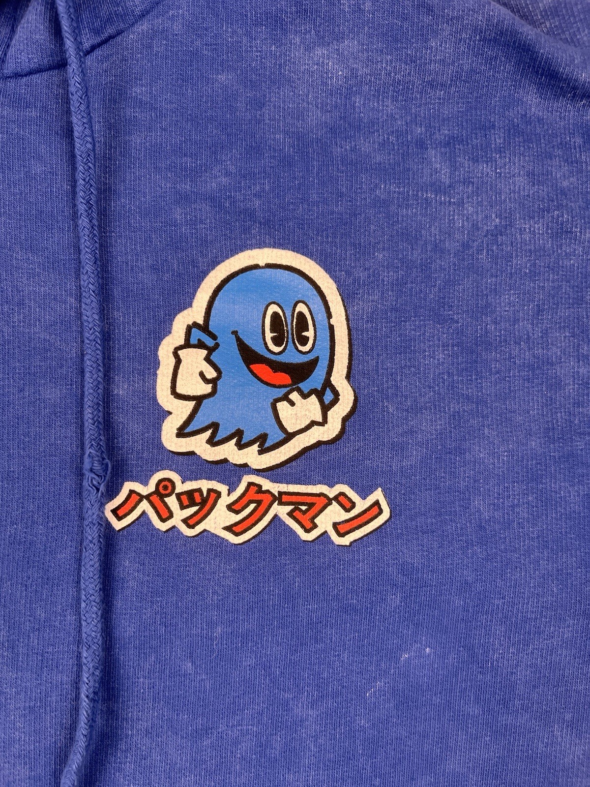 Retro Japanese Pac-Man Hoodie Large Blue Pull Over Long Sleeve Comfy wear Print