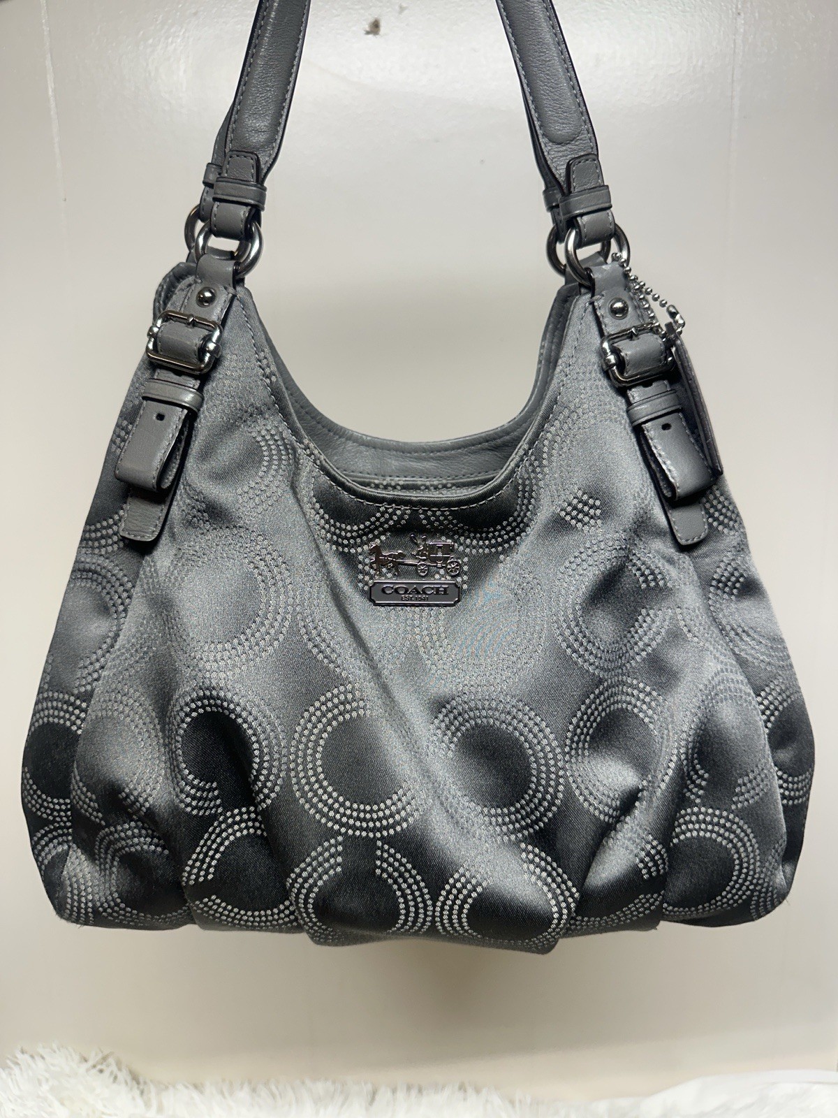 Coach Madison Maggie Dotted Op Art Gray & Silver Sateen Hobo Shoulder Bag