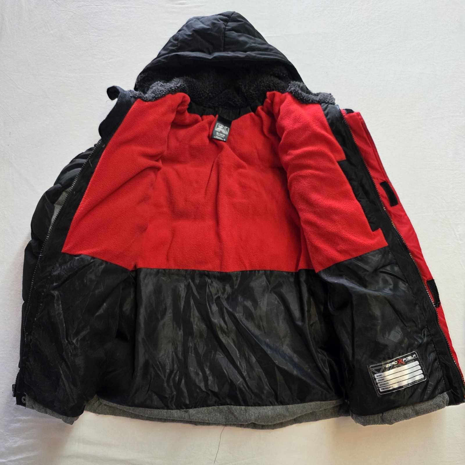 ZeroXposur boy’s winter jacket, Grey & Black With Red Inner Lining XL 14/16