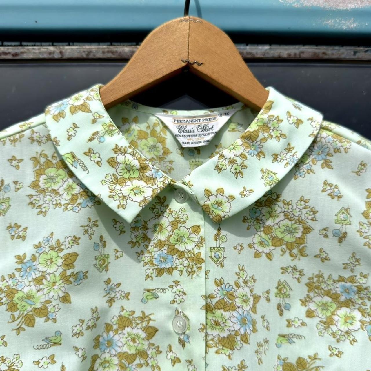 50s permanent press novelty cuckoo clock bird button-up blouse salvage hem