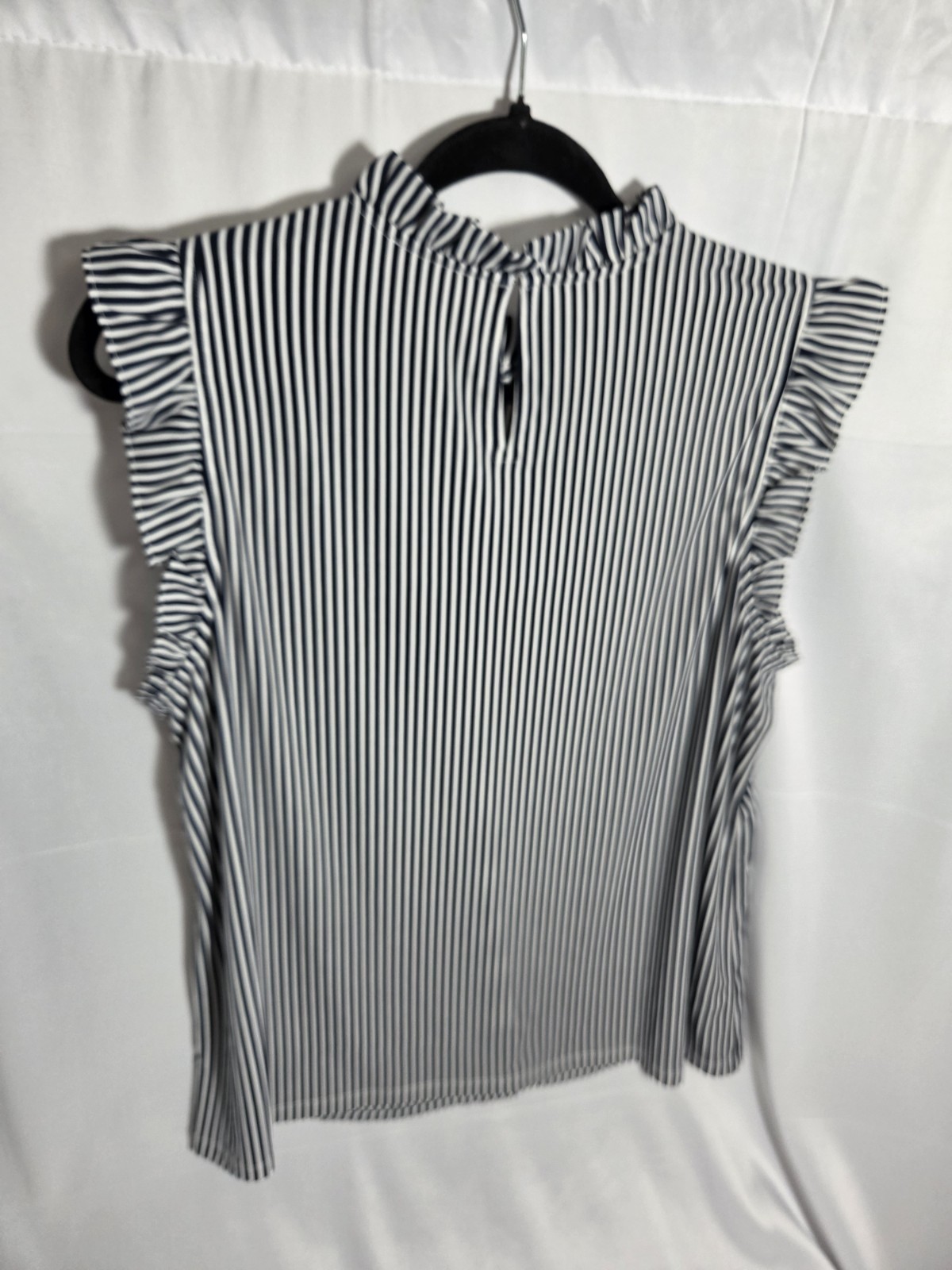 Ann Taylor Factory Black/White Striped Sleeveless Ruffle High Neck Blouse L