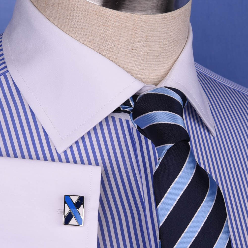 Blue White Stripe Dress Shirt Formal White Collar & Cuff Contrast Floral