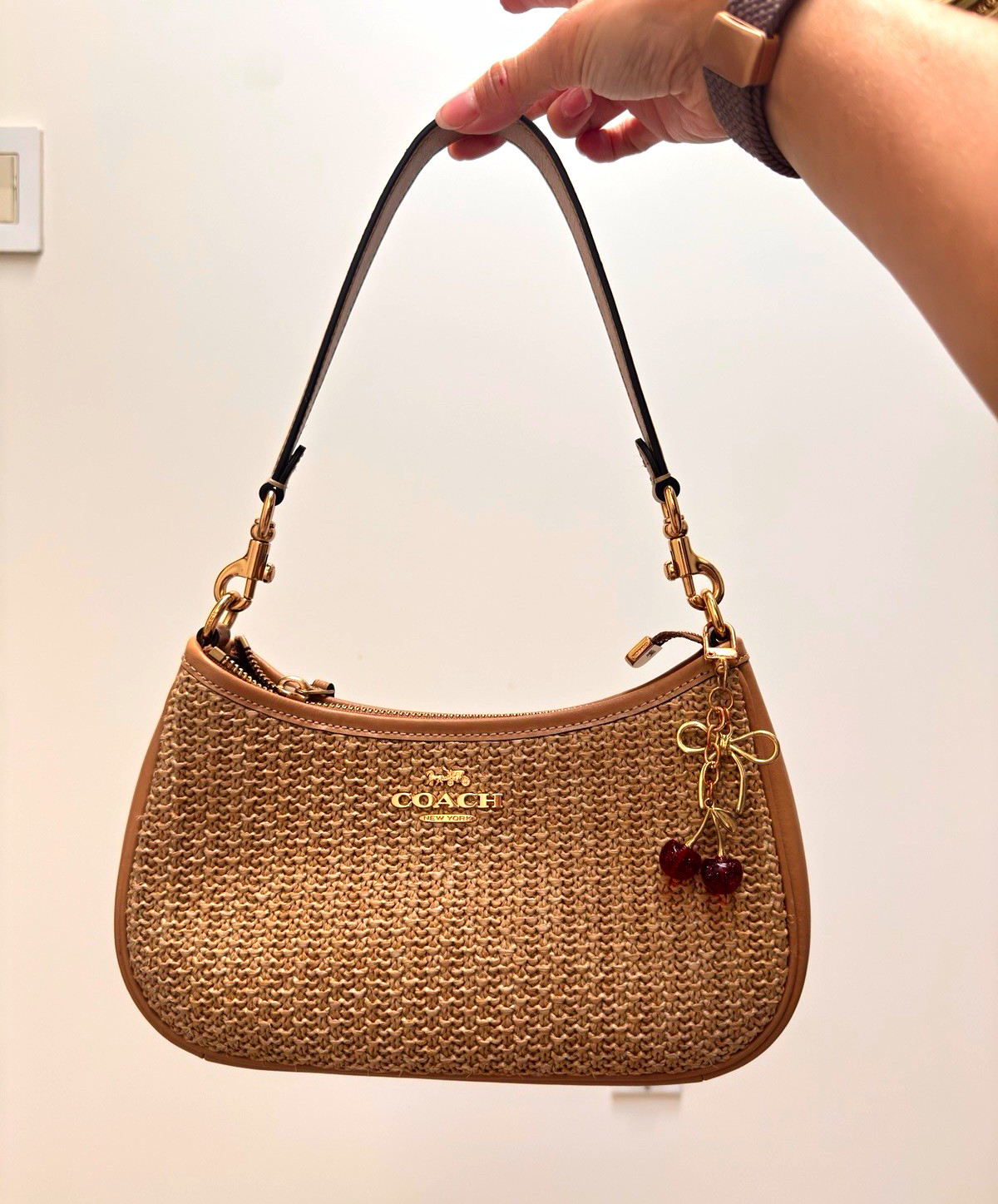 Coach Tan Woven Teri Shoulder Bag with Gold Hardware and Cherry Charm