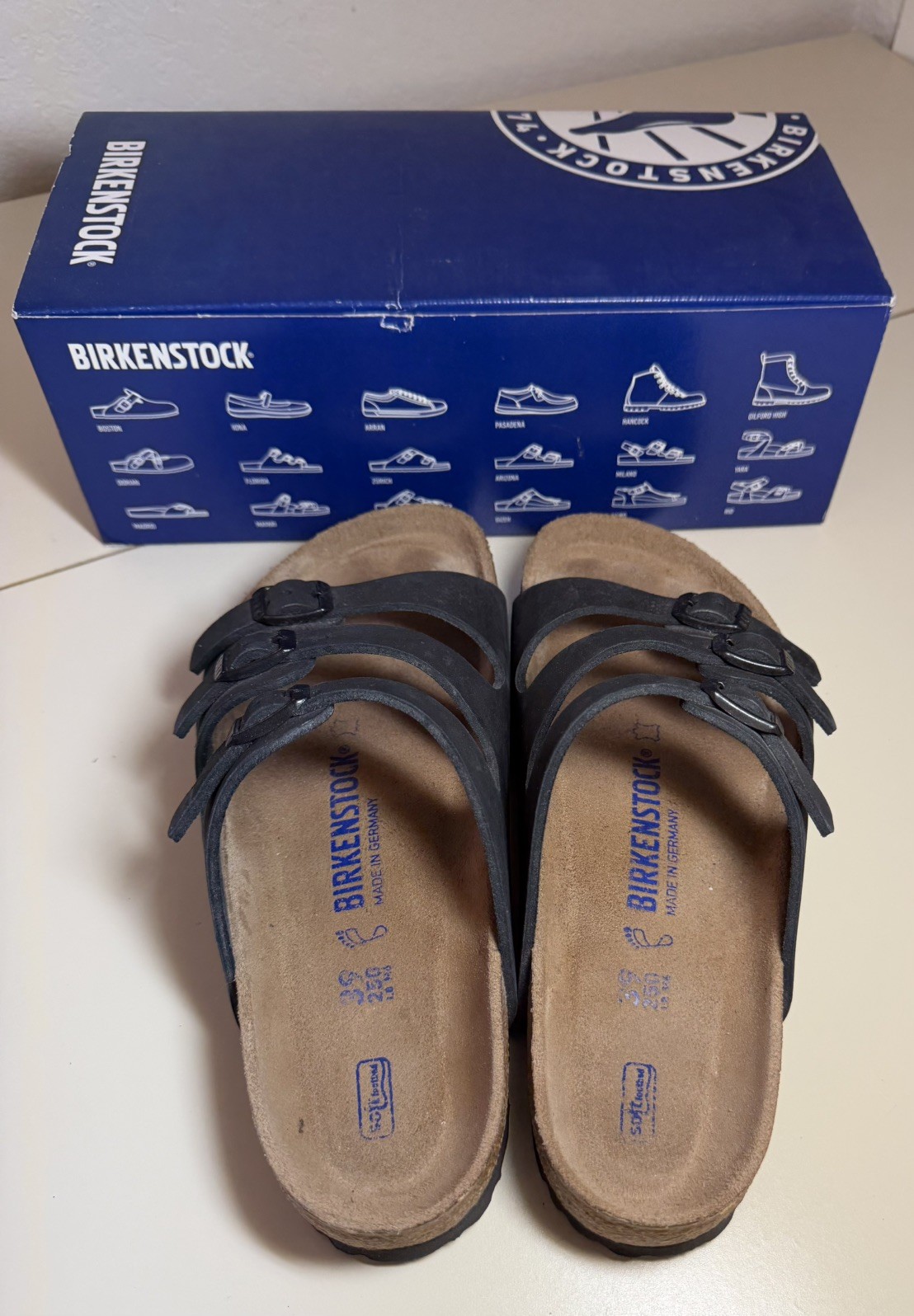 Birkenstock Florida Black Leather Sandals EU 39 Soft Regular Fit READ EXCELLENT