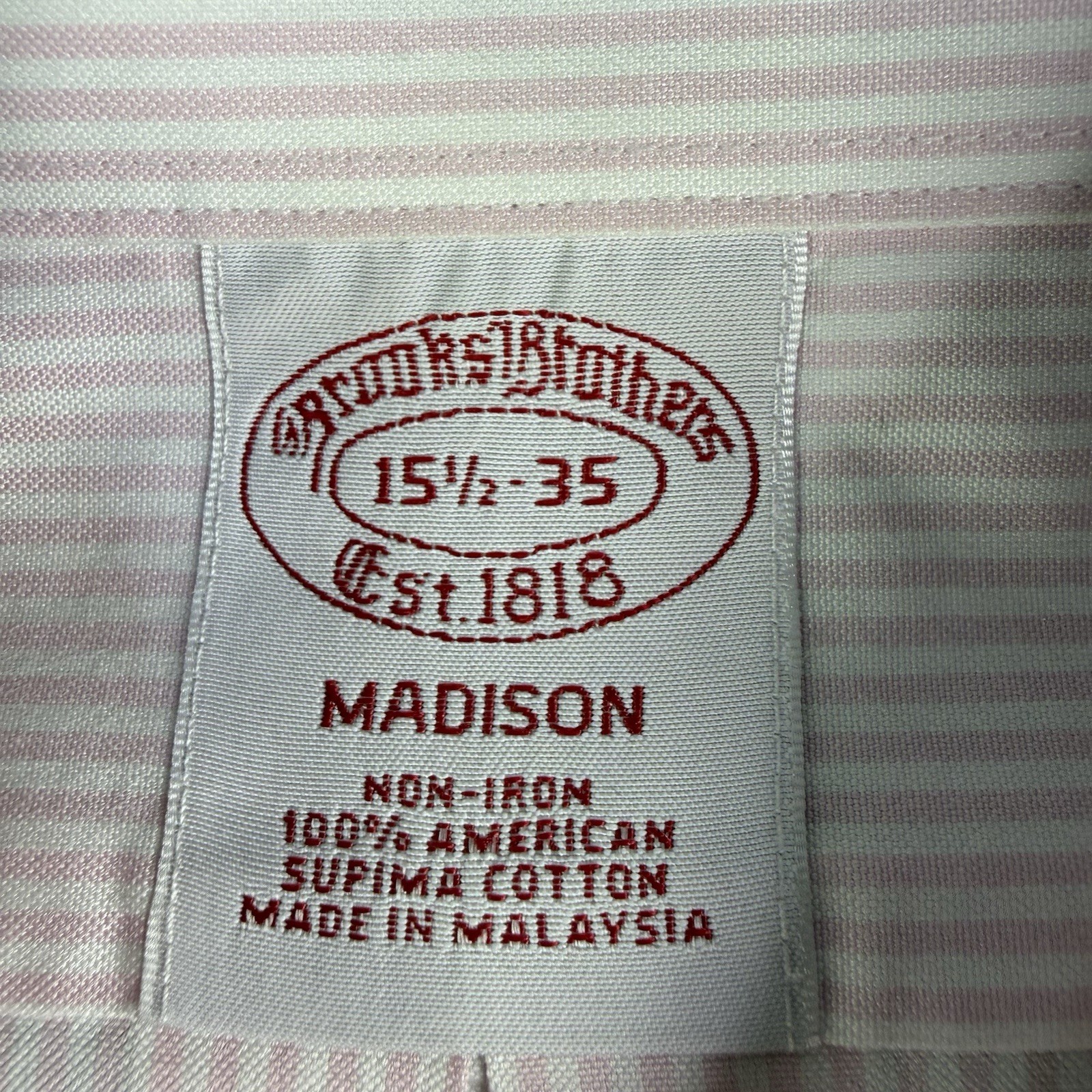 Brooks Brothers Madison Dress Shirt Men’s 15 1/2 x 35 Pink Stripe Spread Collar