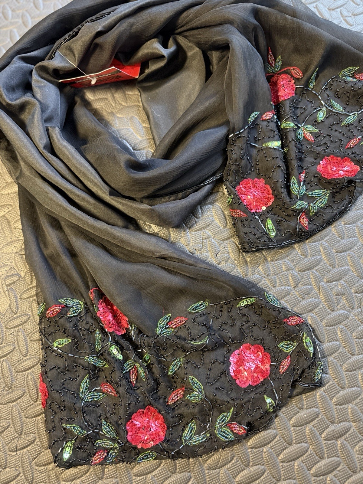 Styleworks Black Silk Scarf With Intricate Floral Beadwork New 20x76in