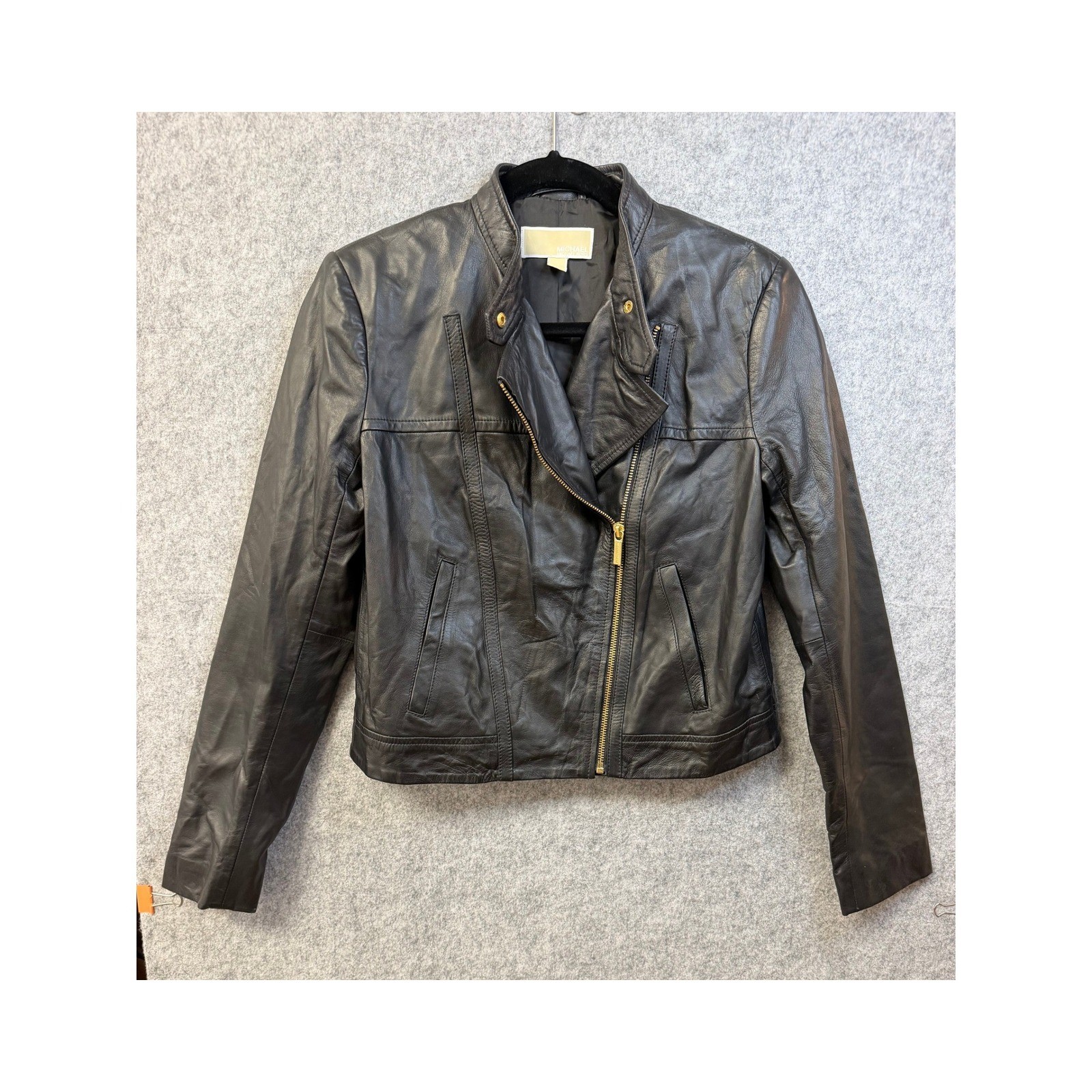 Michael Michael Kors Womens Black Lambskin Leather Moto Biker Jacket Size M