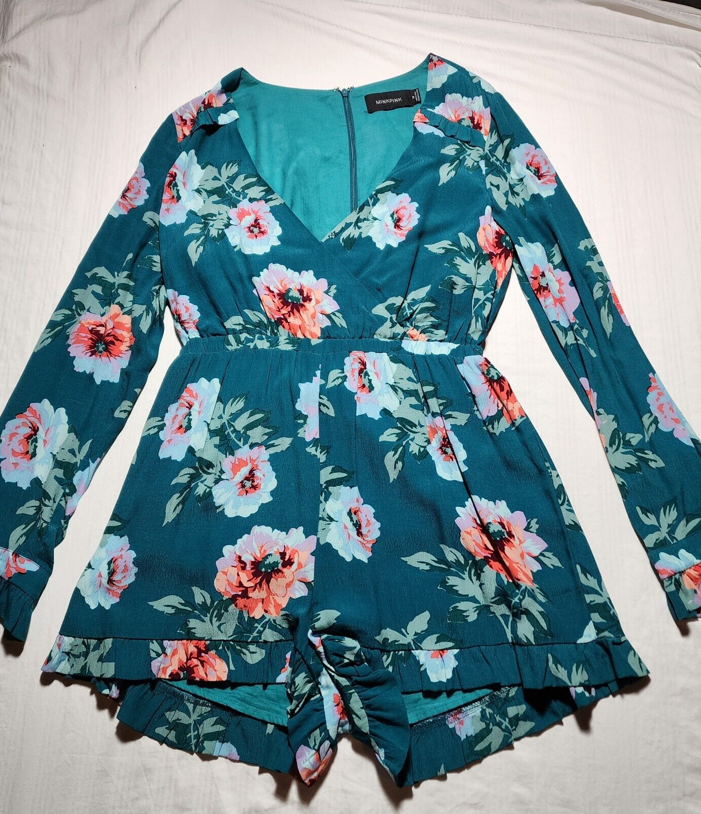 Minkpink Romper Womens Medium Green Pink Floral Short Long Sleeve Ruffles V Neck