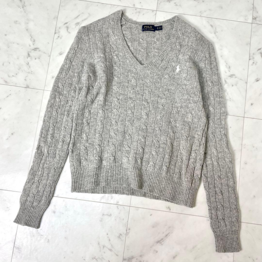 Polo Ralph Lauren CABLE KNIT WOOL CASHMERE V-NECK SWEATER Size S (P) Grey