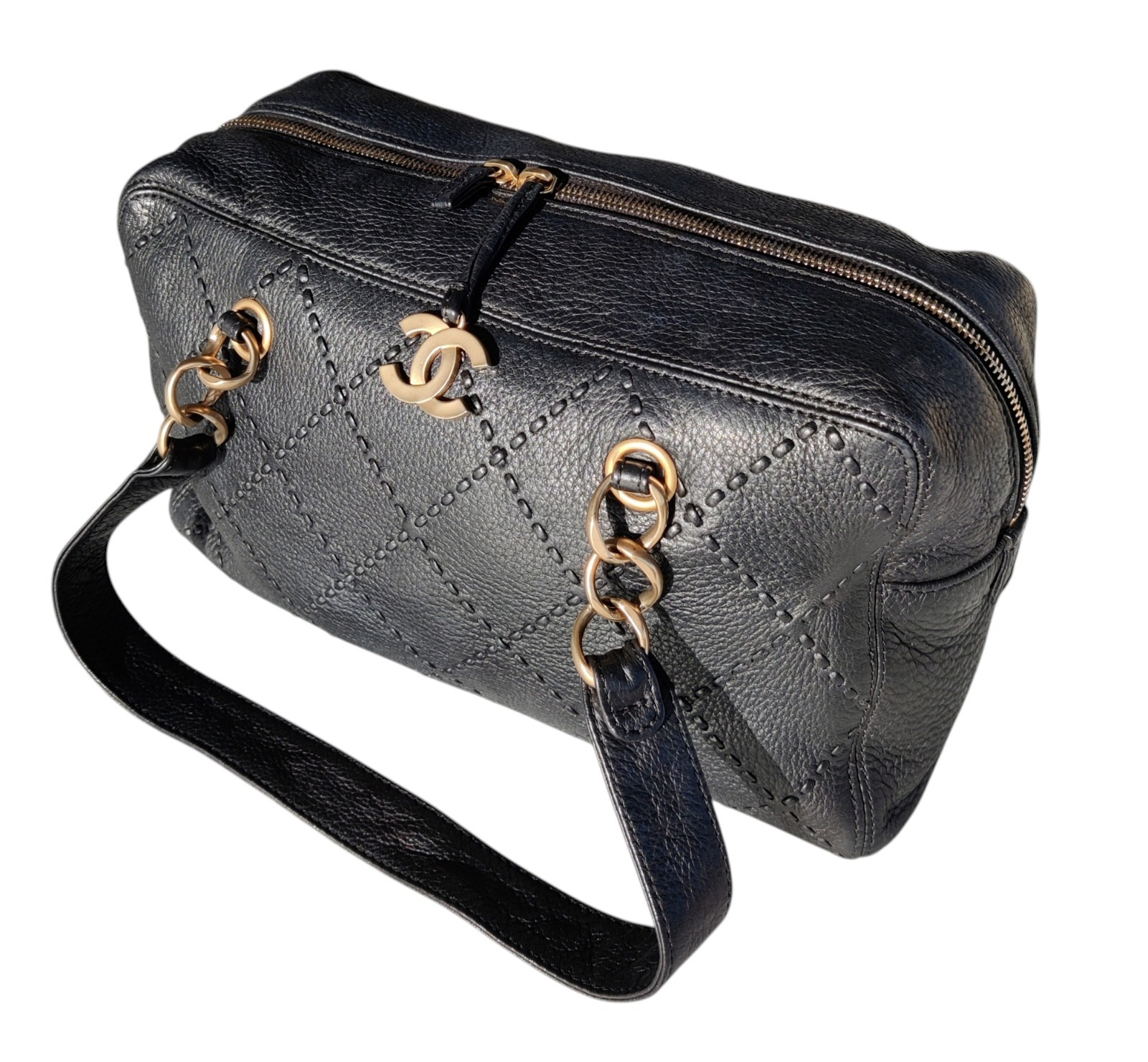 Vintage Chanel Black Leather Bowling Bag Surpique Gold CC Zip Authentic Shoulder