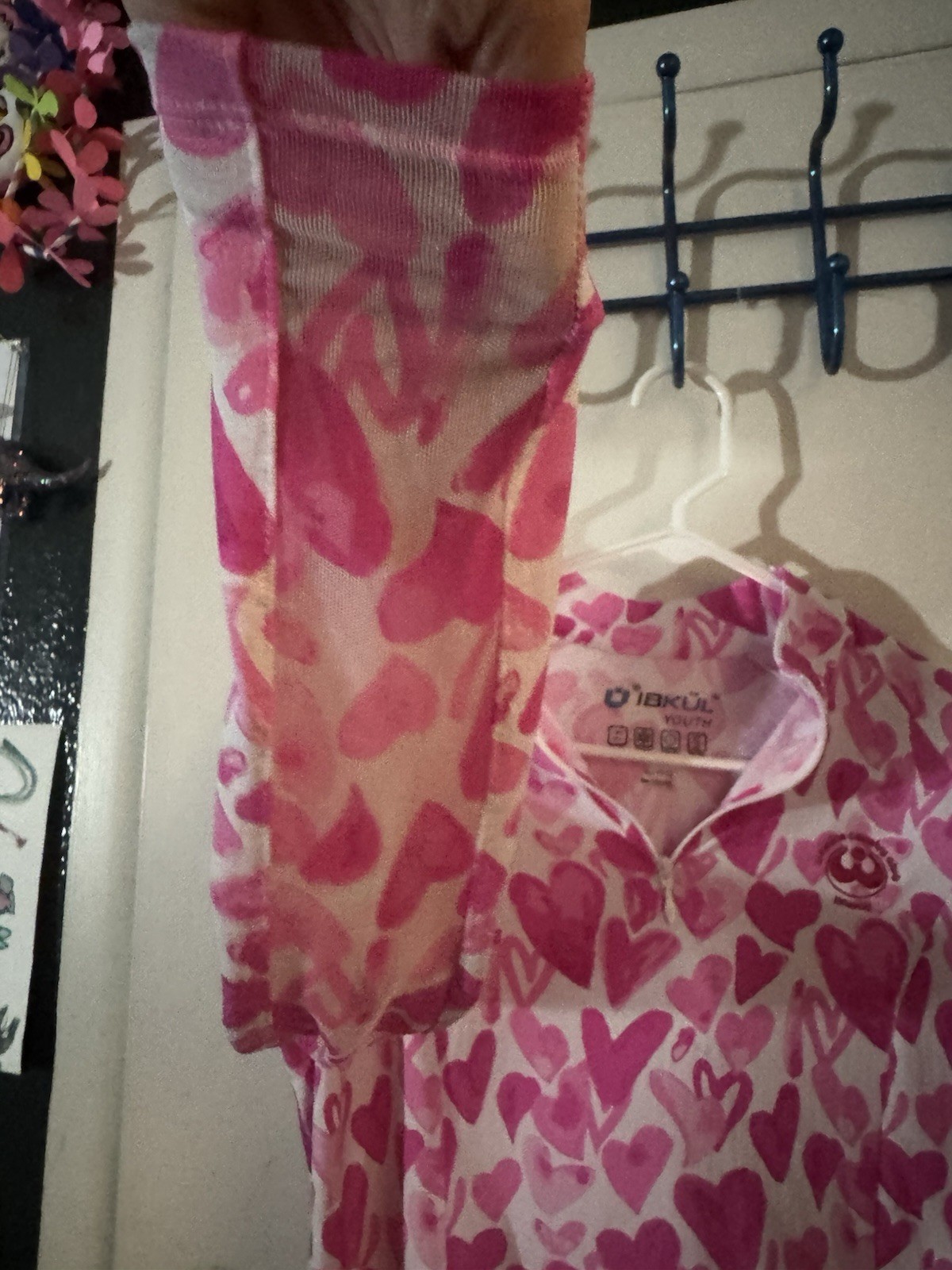SZ L IBKUL Womens 1/4 Zip Top Pink Heart Print Mock Neck Long Sleeve UPF 50