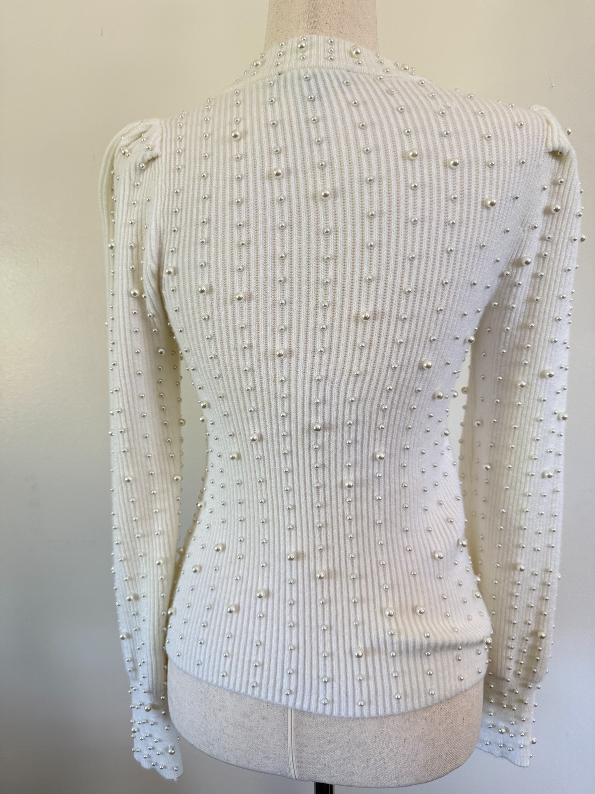 EXPRESS Pearl Embellished Long Sleeve Crew Neck Sweater Ivory | Size XS