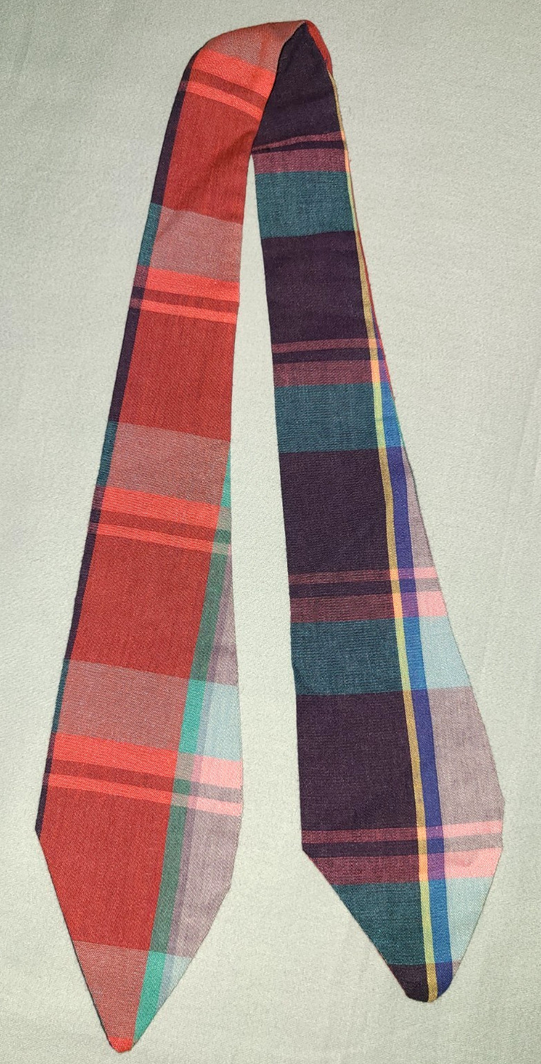 Vtg cotton Madras plaid multicolor reversible tie, red blue purple green