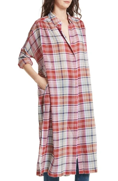 FREE PEOPLE Red Pink Blue Ivory Plaid Button-Down Shirt Long Duster Jacket XS-XL