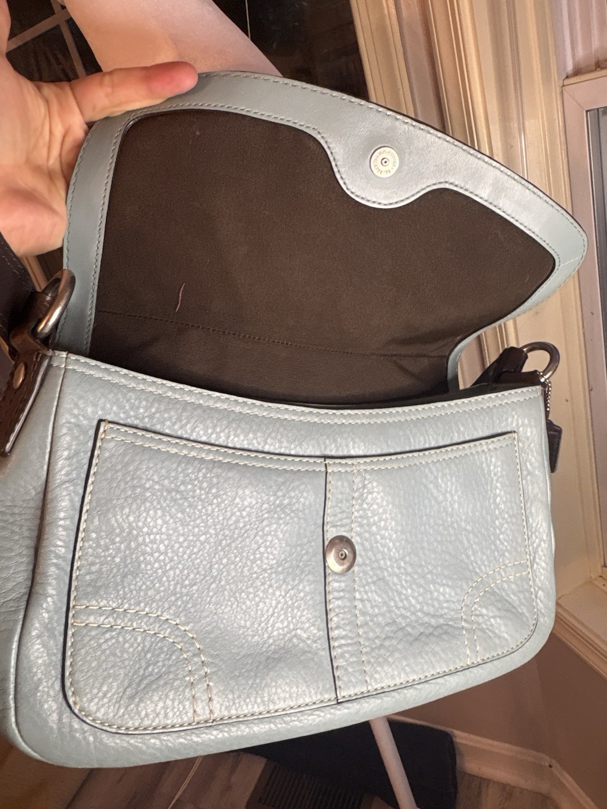 Coach Light Blue Pebbled Flap Shoulder Bag Snap Closure Brown Strap