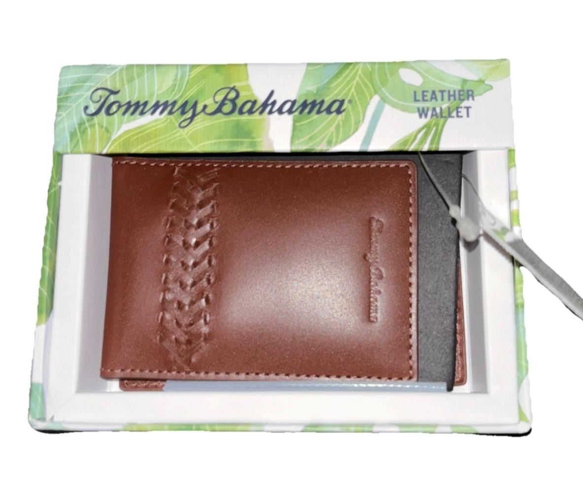 $75 – Tommy Bahama Magnetic Money Card Leather Wallet in Tan