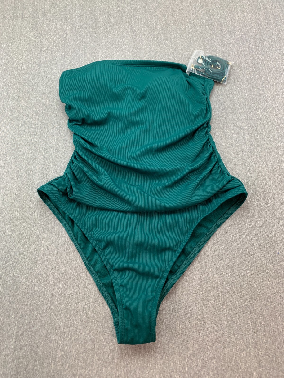 Shade & Shore Ribbed Knit Bandeau Strapless 1 PC Swimsuit Womens M Forrest Green