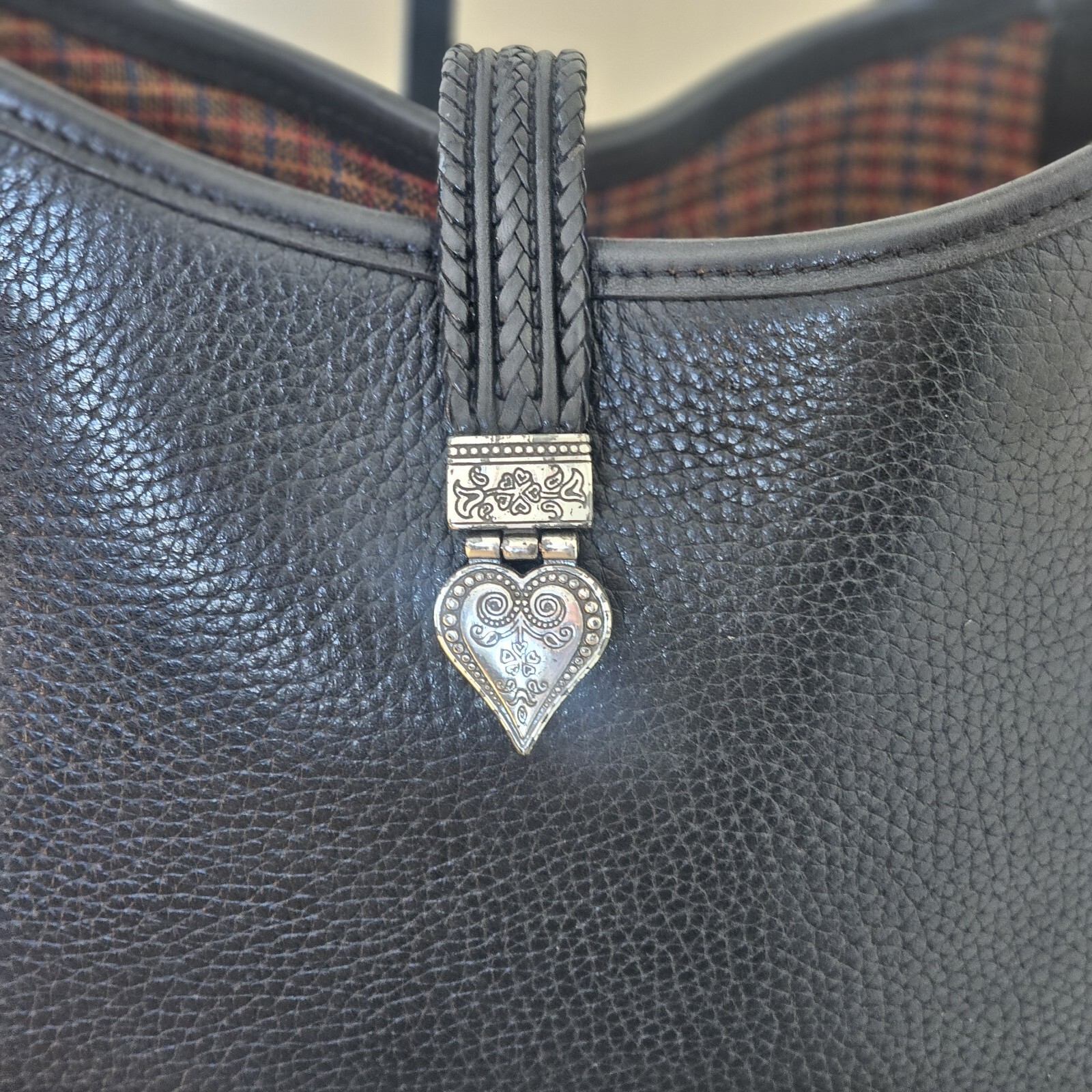 VTG Brighton Black Pebble Leather Braided Strap Silver Heart Purse Hobo HandBag