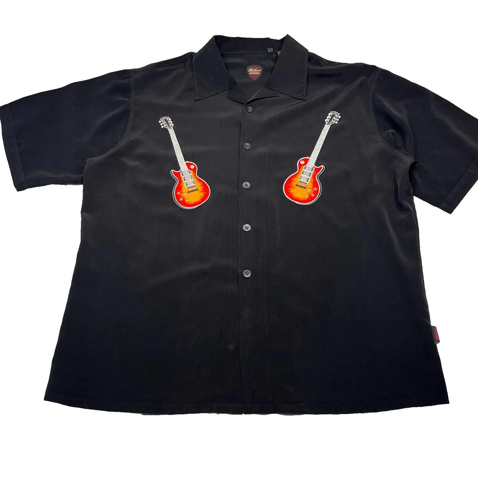 Vintage Gibson Shirt Mens XL Black Embroidered Guitars Tour Wear Casual Rock 90s