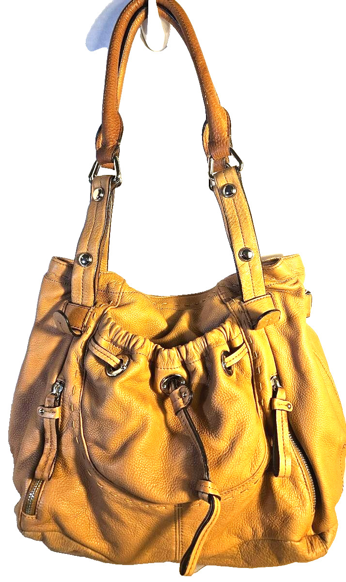 B. Makowsky Tan Pebbled Leather Hobo Shoulder Bag Drawstring Leopard Lining