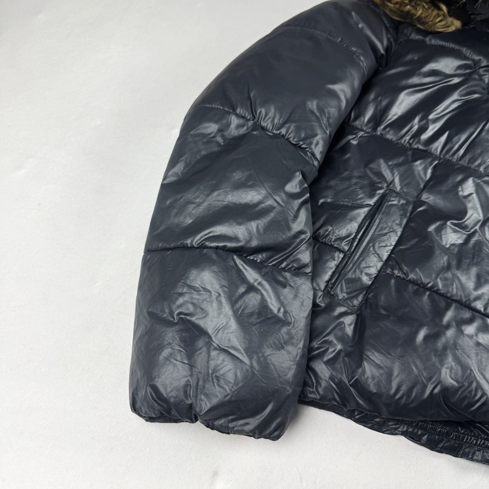 Mens Vintage Blue Puffer Jacket Faux Fur Hood Winter Bubble Coat Y2K Streetwear
