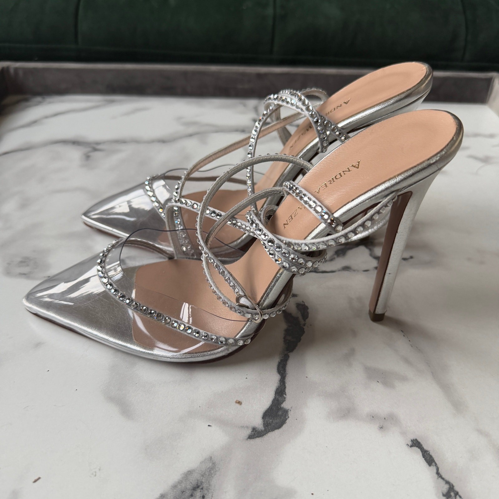 Andrea Wazen Dassy Sunset Crystal Metallic Strappy Pumps NEW Size 39
