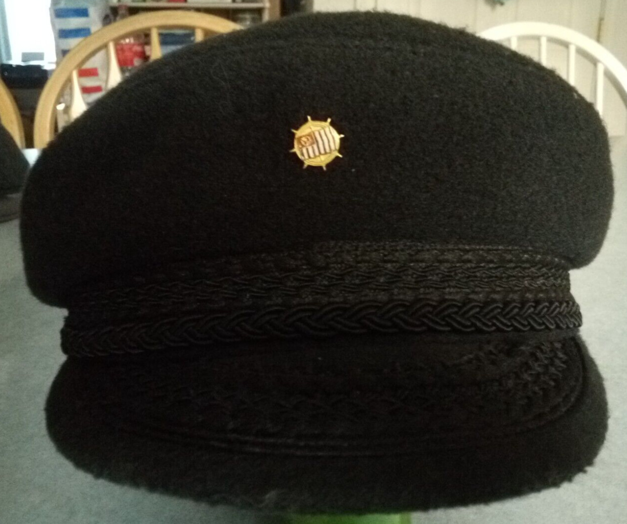 Greek FISHERMAN’S CAP BLACK Wool LARGE Braid Trim Button Lined w pin Free Ship