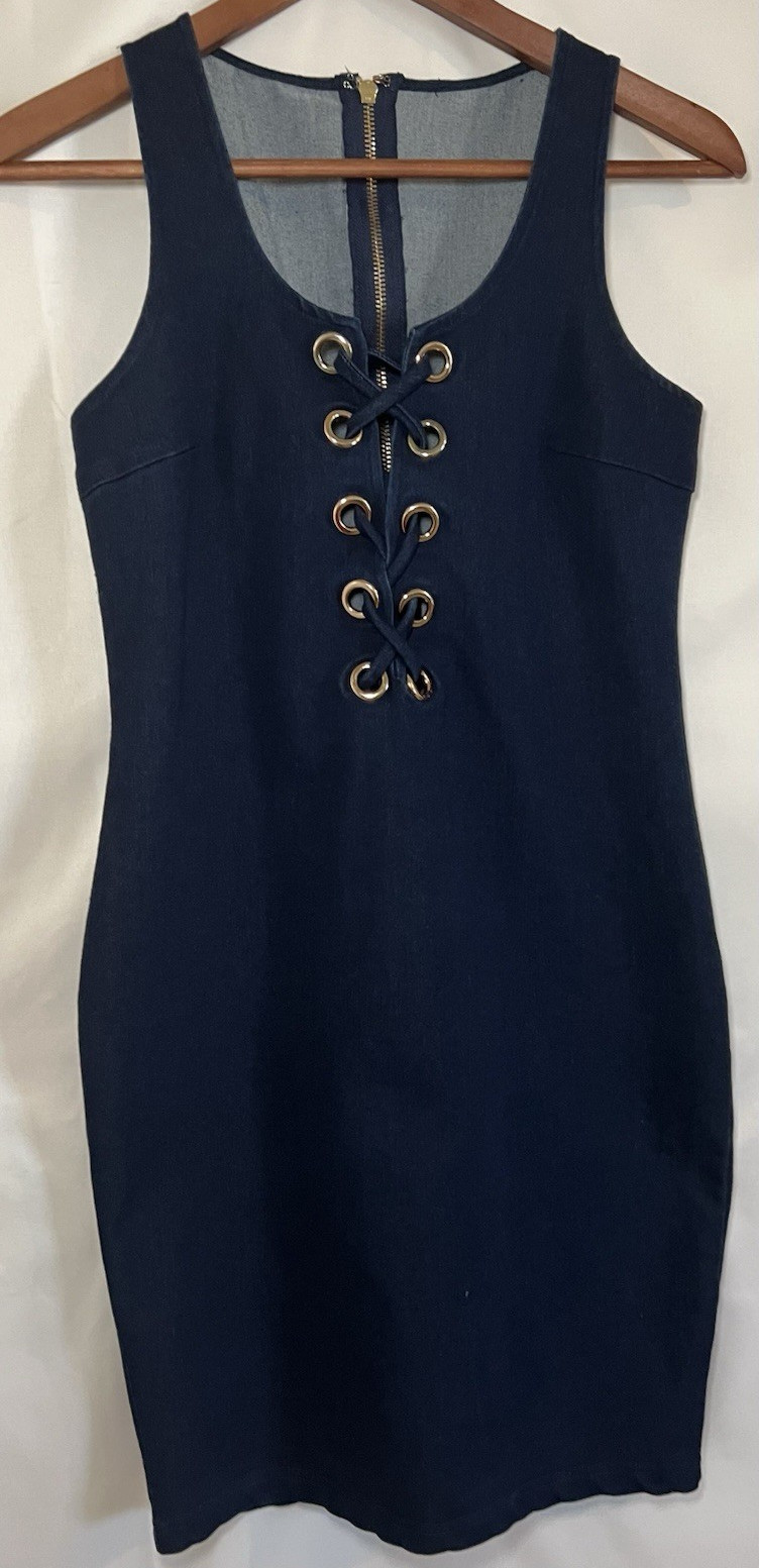 Blue Denim Solid Scoop Neck Sleeveless Bodycon Dress Lace-Up Grommet Zip S
