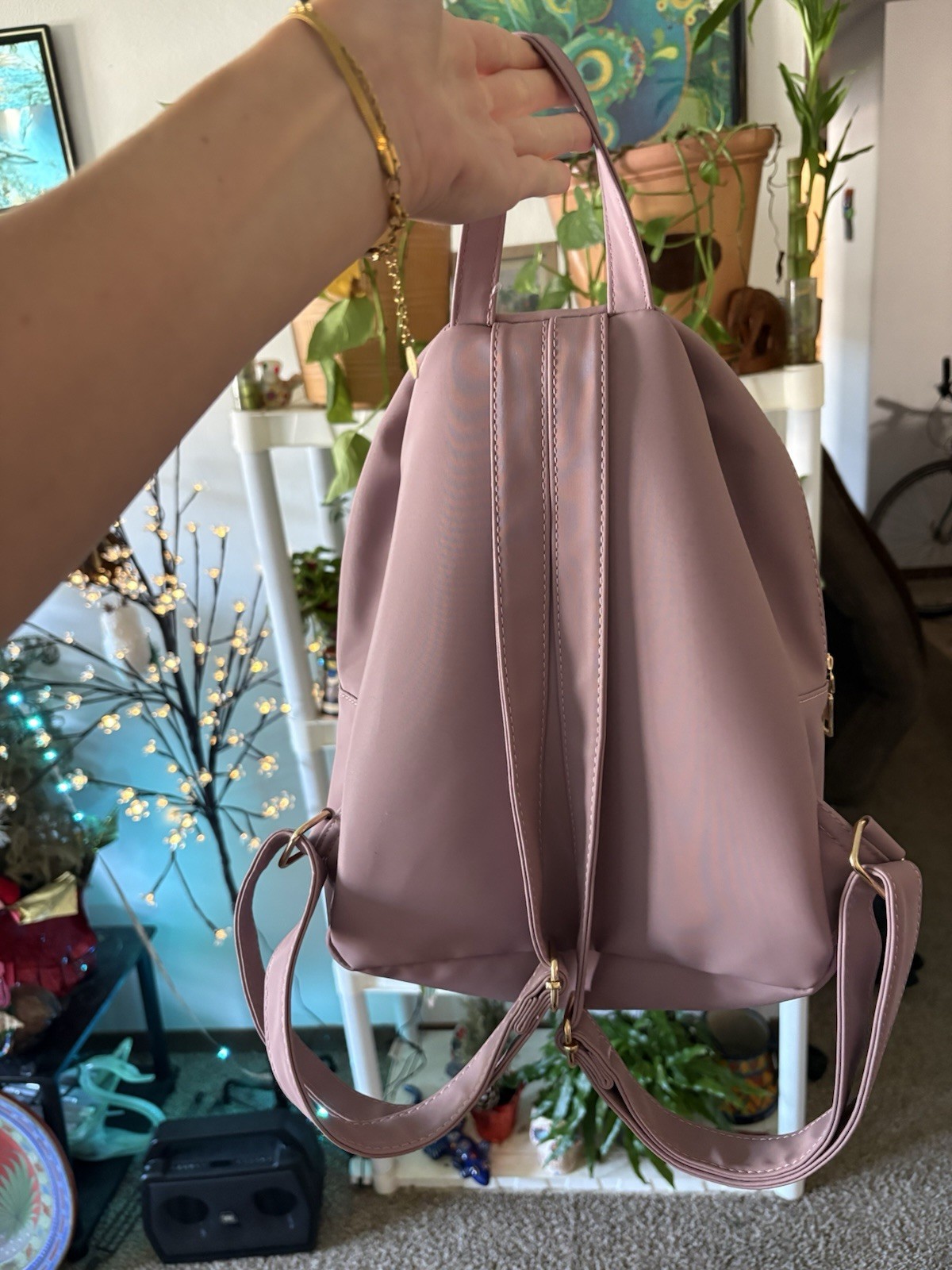 Dust Pink Quilted Backpack Purse Gold Tone Zippers Medium Size Tree Emblem